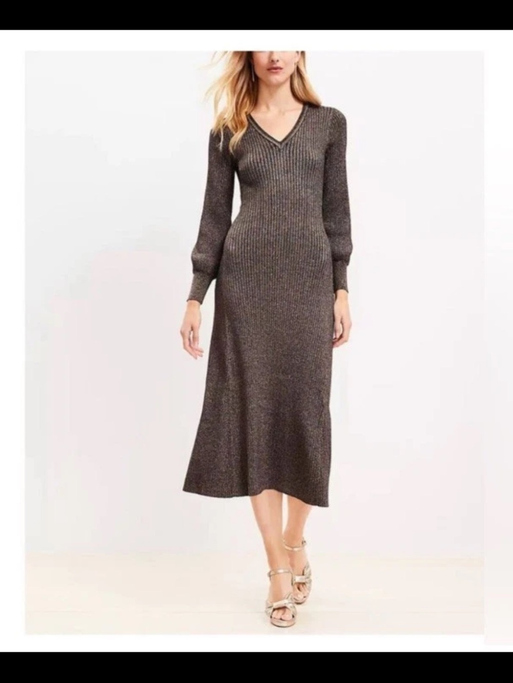 NWT Loft Gold Shimmer Ribbed Black Sweater Dress V-Neck Long Sleeve XSP